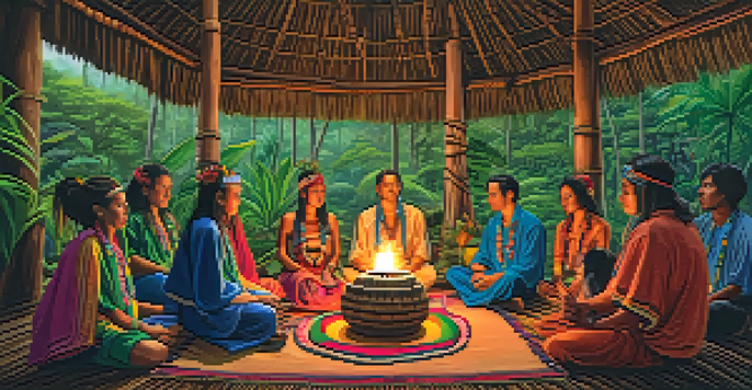A peaceful Ayahuasca ceremony in the Amazon rainforest with participants and a shaman in traditional attire.