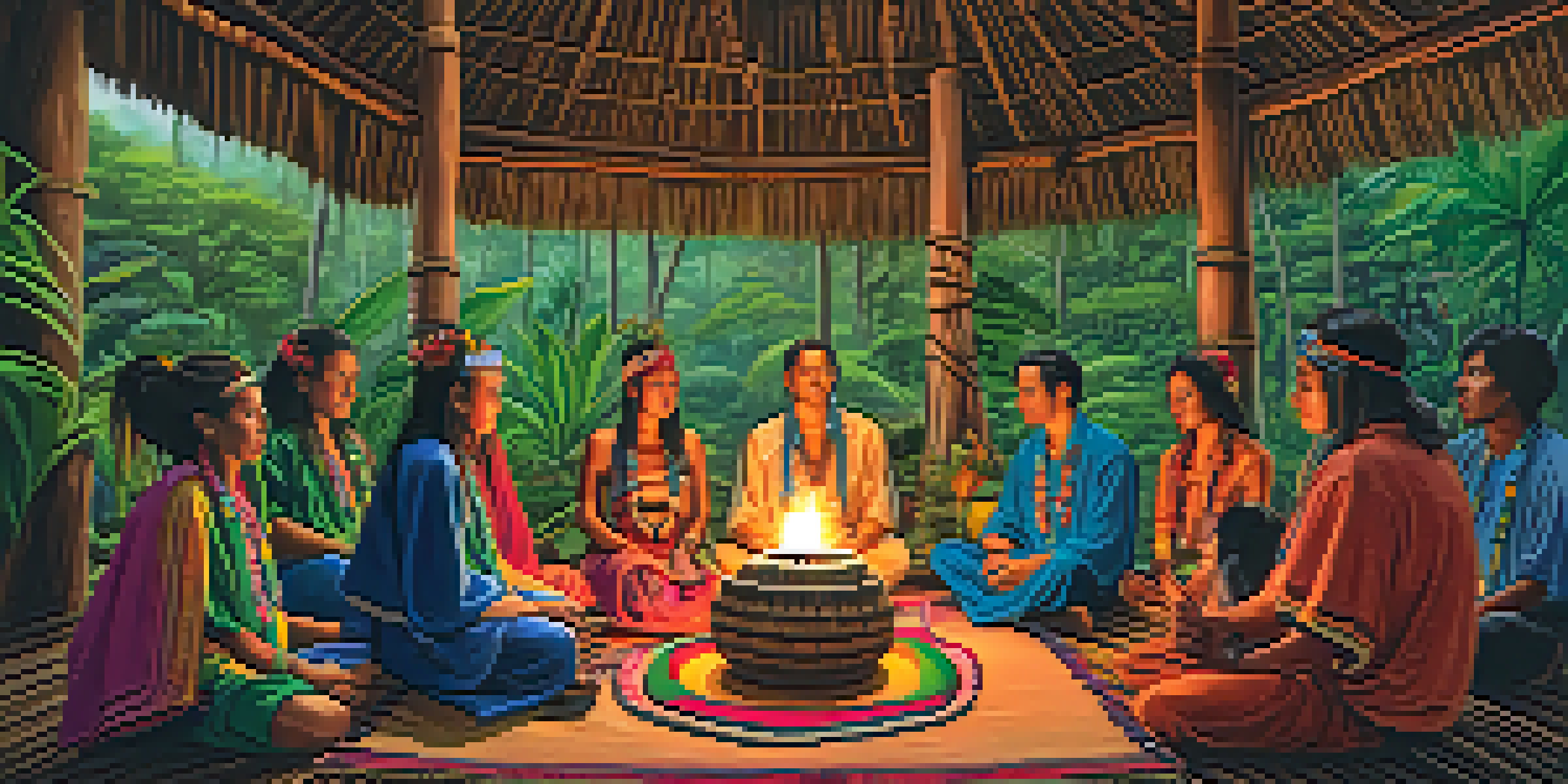 A peaceful Ayahuasca ceremony in the Amazon rainforest with participants and a shaman in traditional attire.
