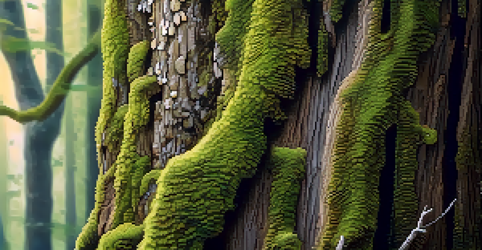 A close-up of a tree trunk with detailed bark textures, moss, and mushrooms in soft light.
