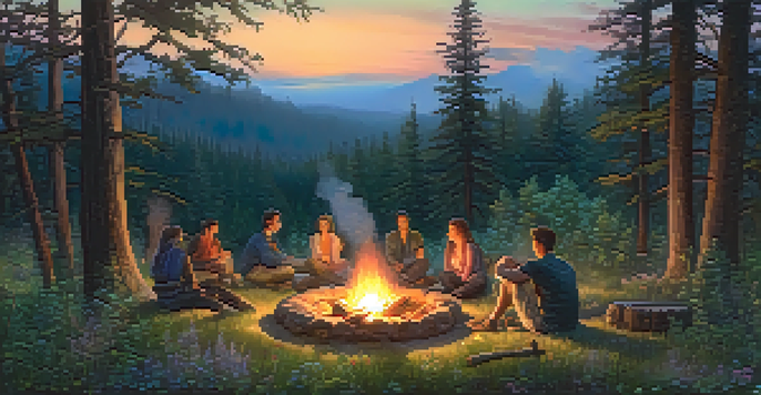 A group of people gathered around a campfire in a forest at dusk, engaged in a spiritual ritual, surrounded by trees and wildflowers.