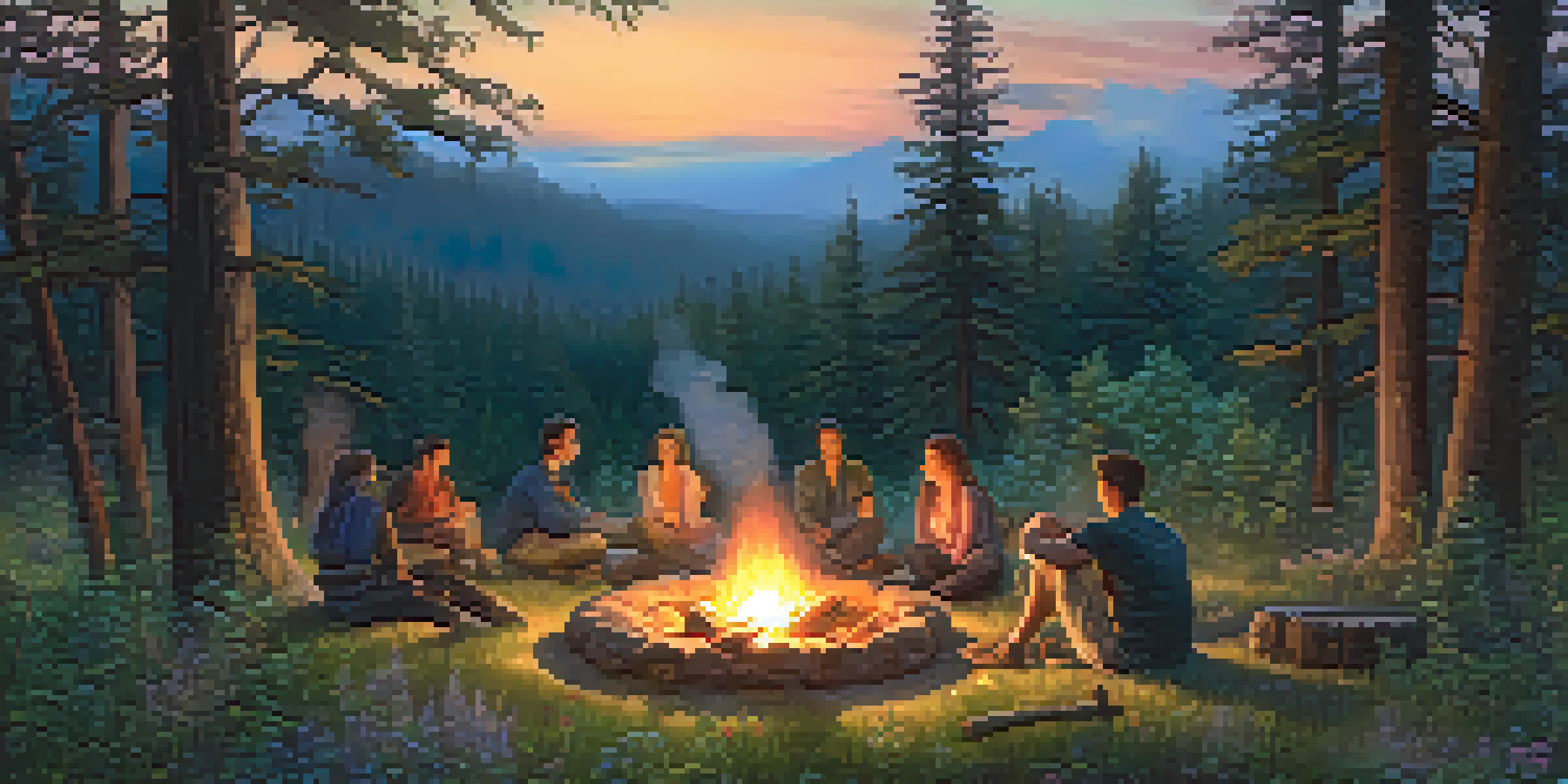 A group of people gathered around a campfire in a forest at dusk, engaged in a spiritual ritual, surrounded by trees and wildflowers.