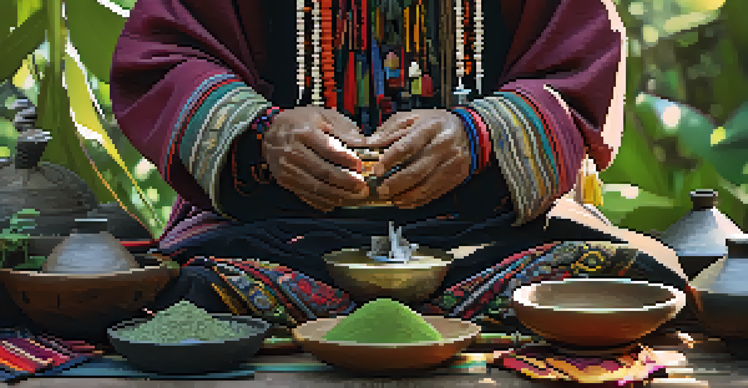 A shaman preparing for a ceremony, holding herbs in a bowl, surrounded by colorful tools and sacred items in a tranquil natural setting.