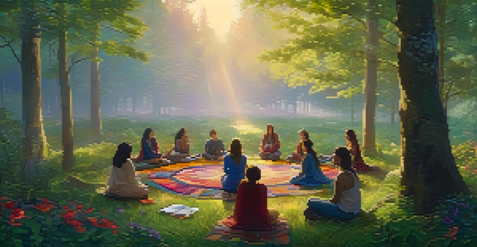 A diverse group of people in a forest clearing, engaged in a creative workshop, surrounded by nature and soft golden light.