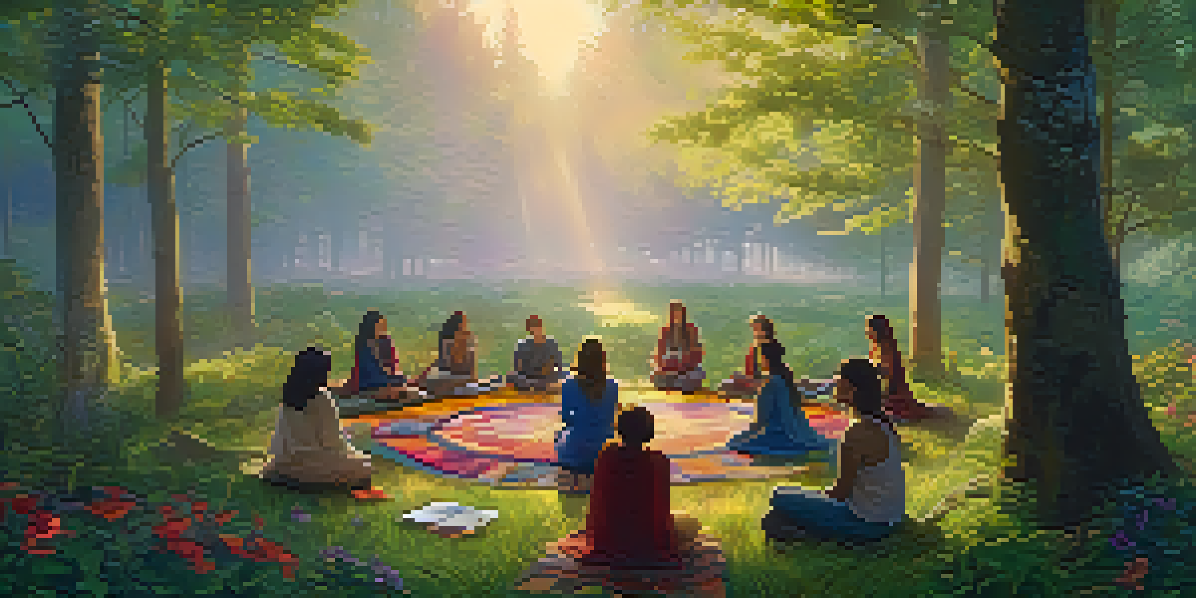 A diverse group of people in a forest clearing, engaged in a creative workshop, surrounded by nature and soft golden light.
