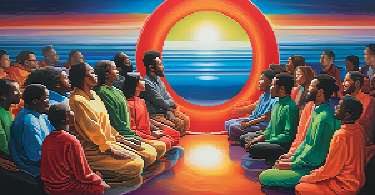A group of diverse individuals sitting in a circle with eyes closed, surrounded by colorful sound waves, representing emotional exploration.