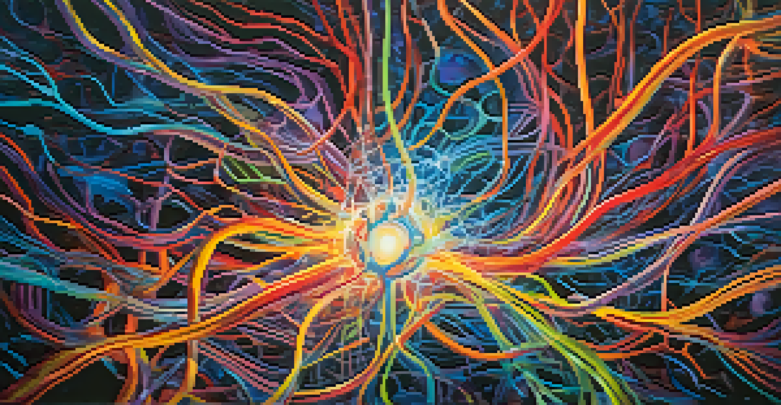 An artistic depiction of a brain with colorful connections and swirling patterns symbolizing altered perceptions.