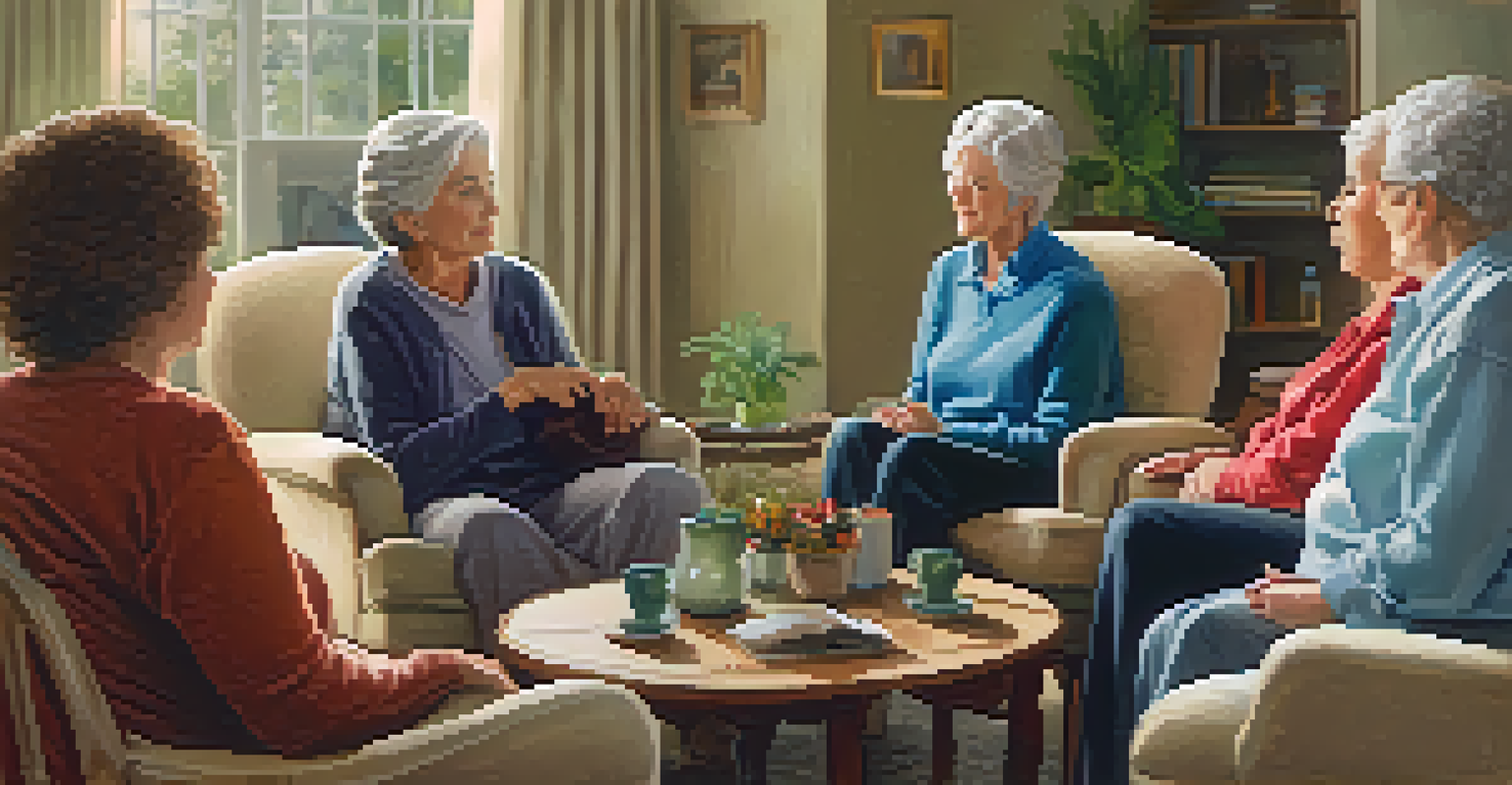 A group of elderly individuals sitting in a cozy room, engaged in a therapy session led by a facilitator, showing expressions of connection.