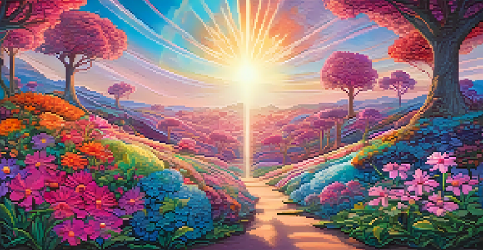 A colorful psychedelic landscape with oversized flowers and a dreamy sky, showcasing vibrant colors and surreal forms.