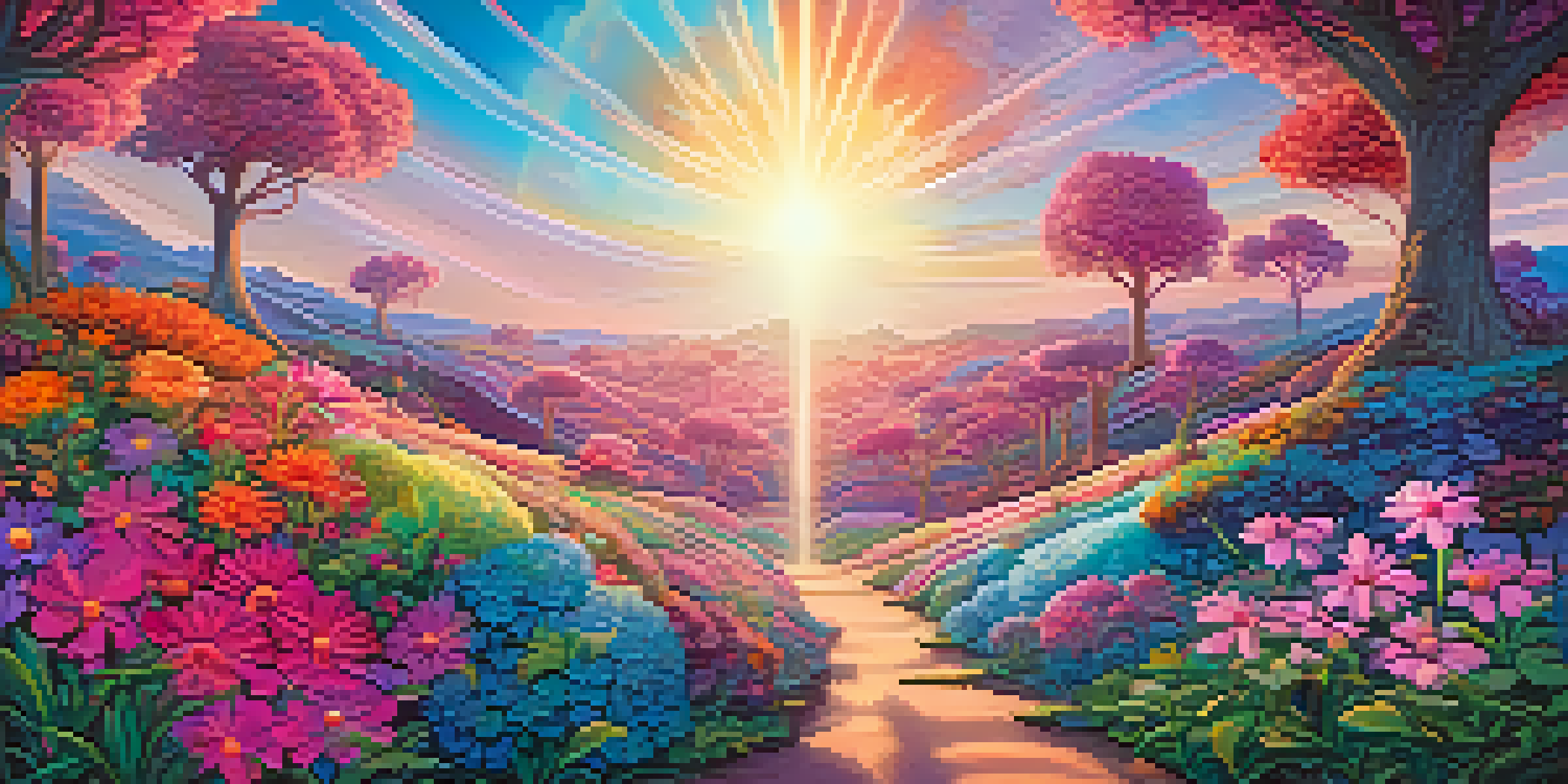 A colorful psychedelic landscape with oversized flowers and a dreamy sky, showcasing vibrant colors and surreal forms.