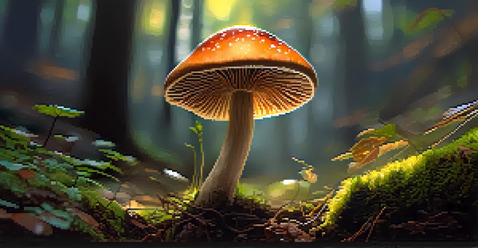 A close-up of a Psilocybe mushroom in a forest, with sunlight filtering through trees, showcasing its vibrant cap and intricate textures.