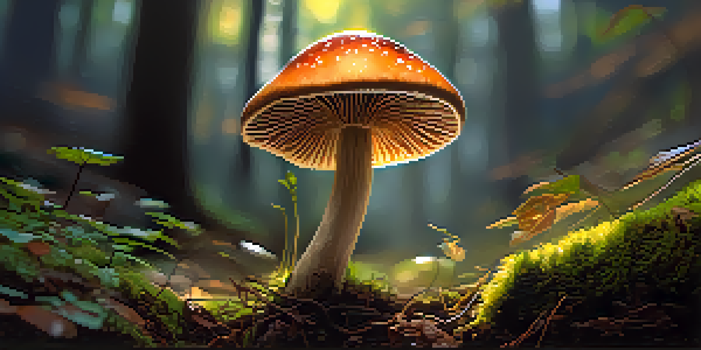 A close-up of a Psilocybe mushroom in a forest, with sunlight filtering through trees, showcasing its vibrant cap and intricate textures.