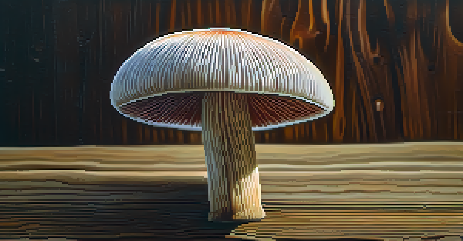A close-up of a psilocybin mushroom on a wooden surface, showing its intricate gills and vibrant colors illuminated by soft natural light.
