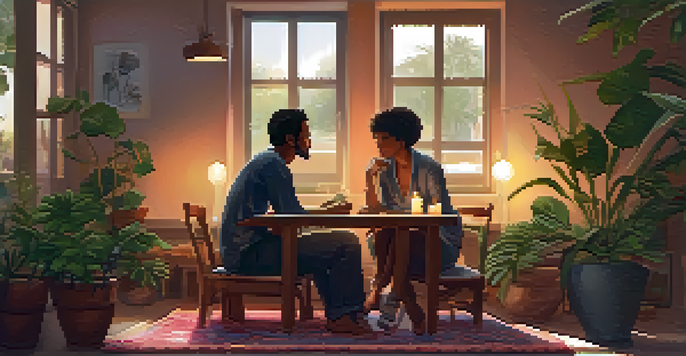 Two people sitting on a rug in a cozy room, engaged in conversation, with candles and plants around them.