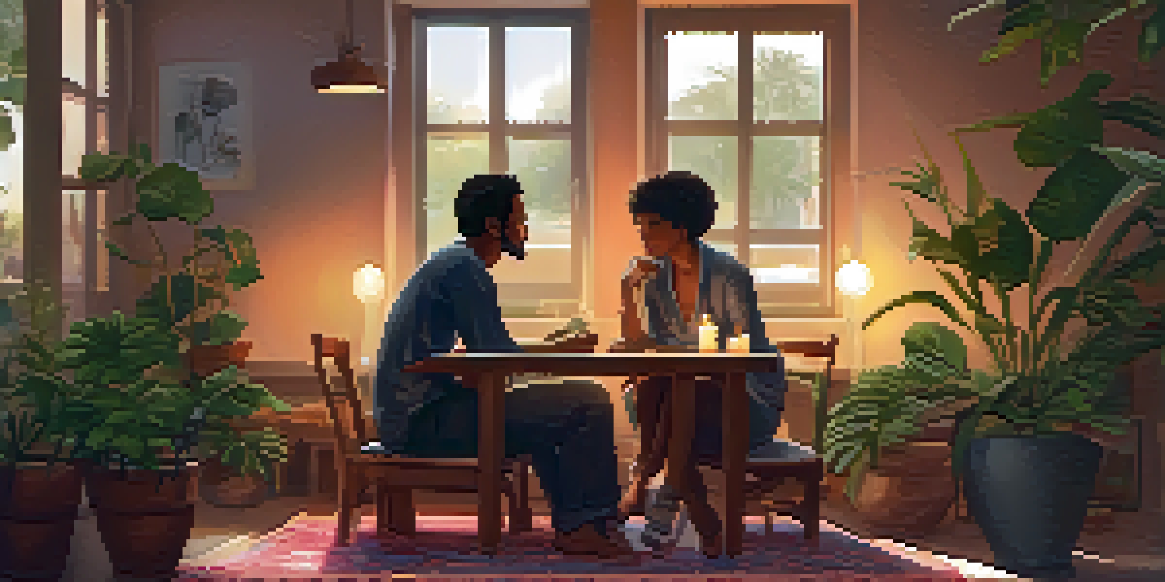 Two people sitting on a rug in a cozy room, engaged in conversation, with candles and plants around them.