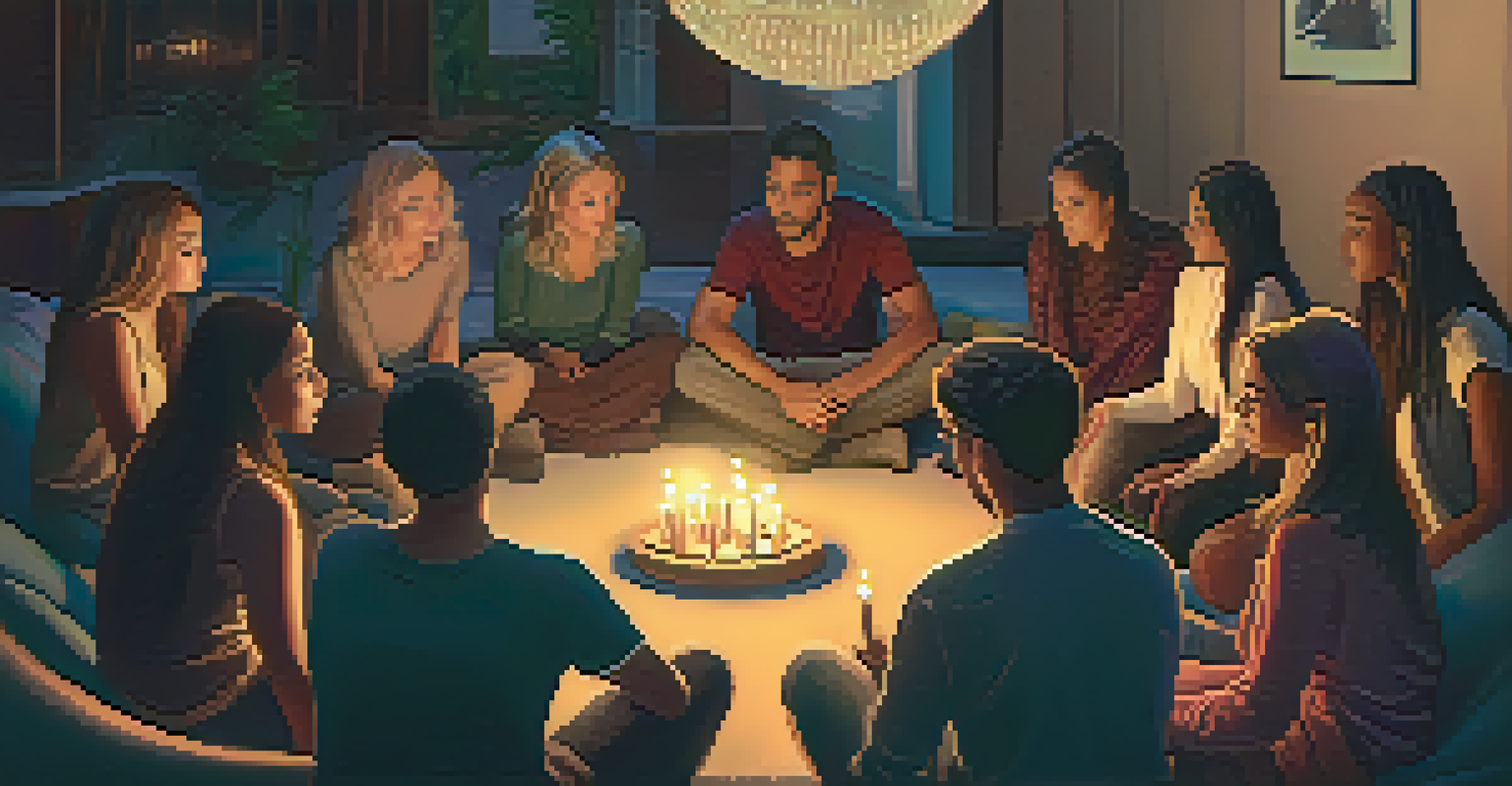 A diverse group of individuals sitting in a circle, sharing stories in a warmly lit space filled with cushions and soft lighting.