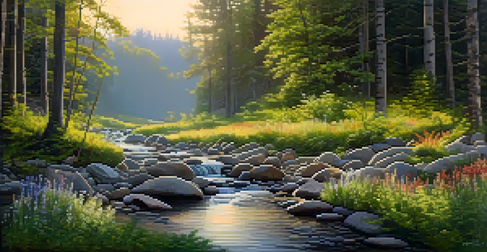 A peaceful forest with sunlight shining through the trees, a stream flowing over stones, and colorful wildflowers.