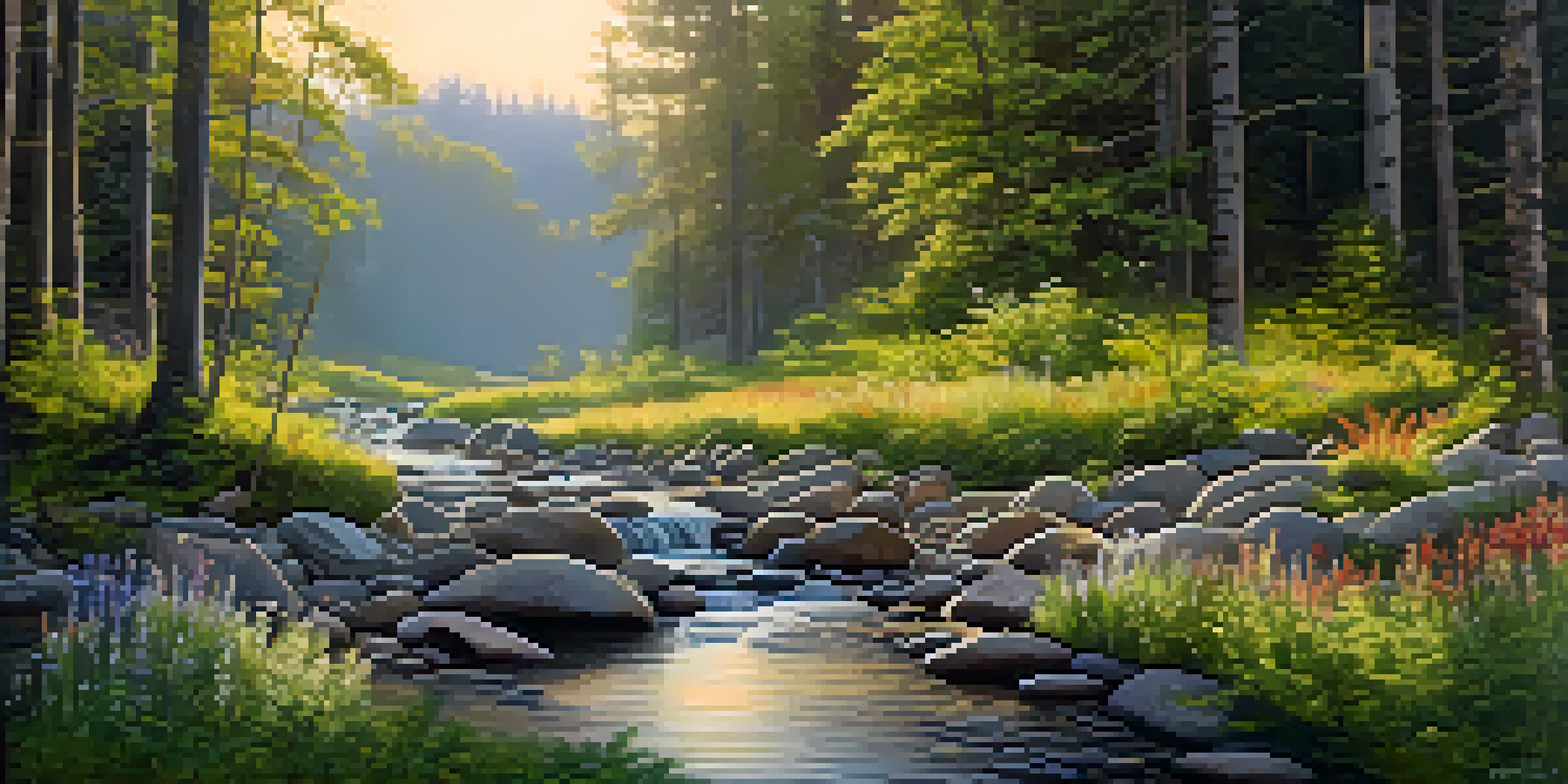 A peaceful forest with sunlight shining through the trees, a stream flowing over stones, and colorful wildflowers.