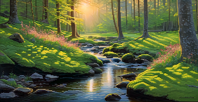 A peaceful forest with sunlight filtering through trees and a gentle stream, showcasing green moss and blooming wildflowers.