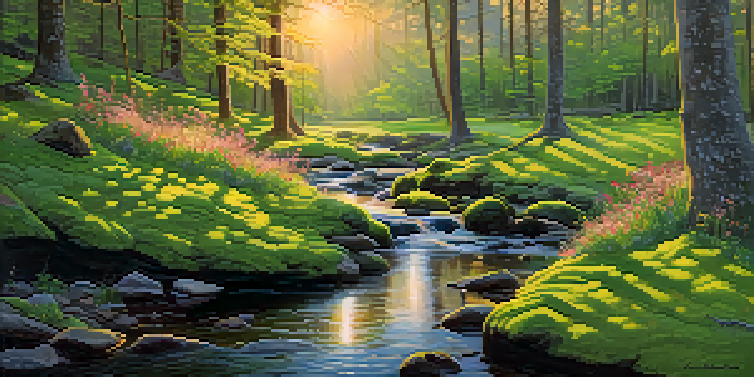 A peaceful forest with sunlight filtering through trees and a gentle stream, showcasing green moss and blooming wildflowers.