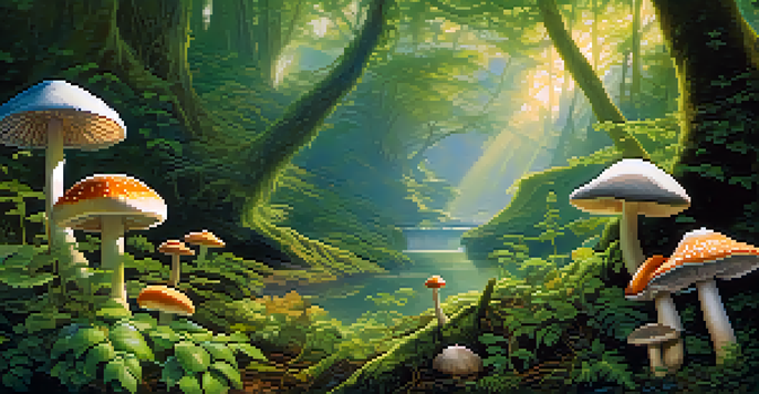 A peaceful forest with psilocybin mushrooms and ayahuasca vines, illuminated by gentle sunlight.