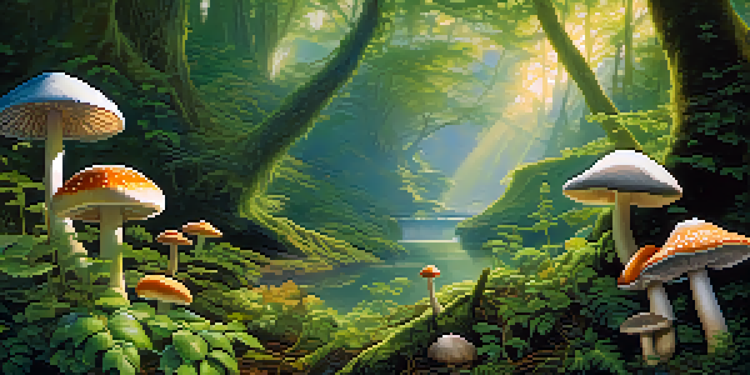 A peaceful forest with psilocybin mushrooms and ayahuasca vines, illuminated by gentle sunlight.