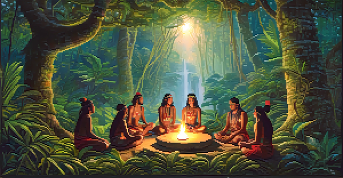 A peaceful rainforest scene with indigenous shamans performing a ritual around a glowing brew, illuminated by soft light through the trees.