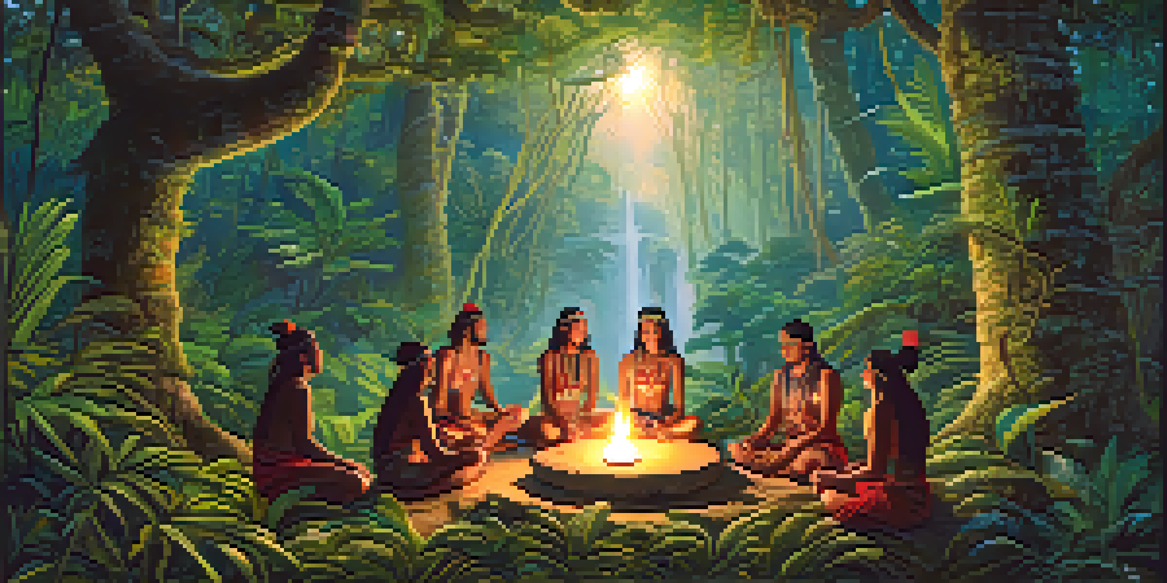 A peaceful rainforest scene with indigenous shamans performing a ritual around a glowing brew, illuminated by soft light through the trees.