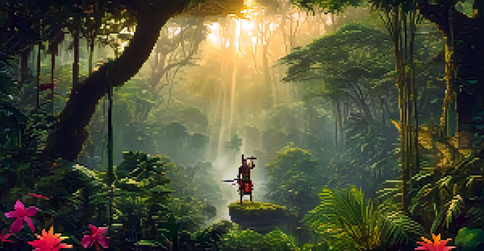 A tranquil scene in the Amazon rainforest with a shaman performing a ritual at sunrise, surrounded by vibrant flowers and mist rising from the ground.