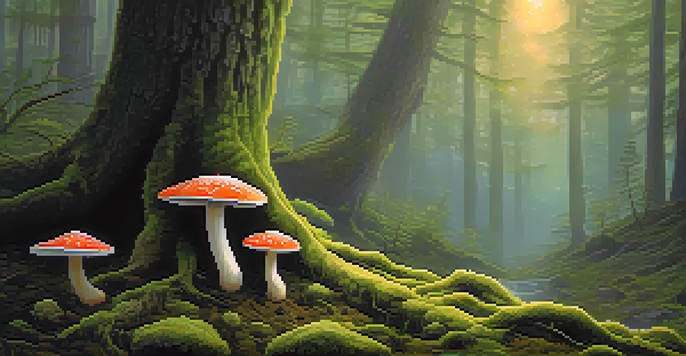 A peaceful forest at dawn with sunlight filtering through trees, showing vibrant green moss and psilocybin mushrooms growing at the base of a tree.