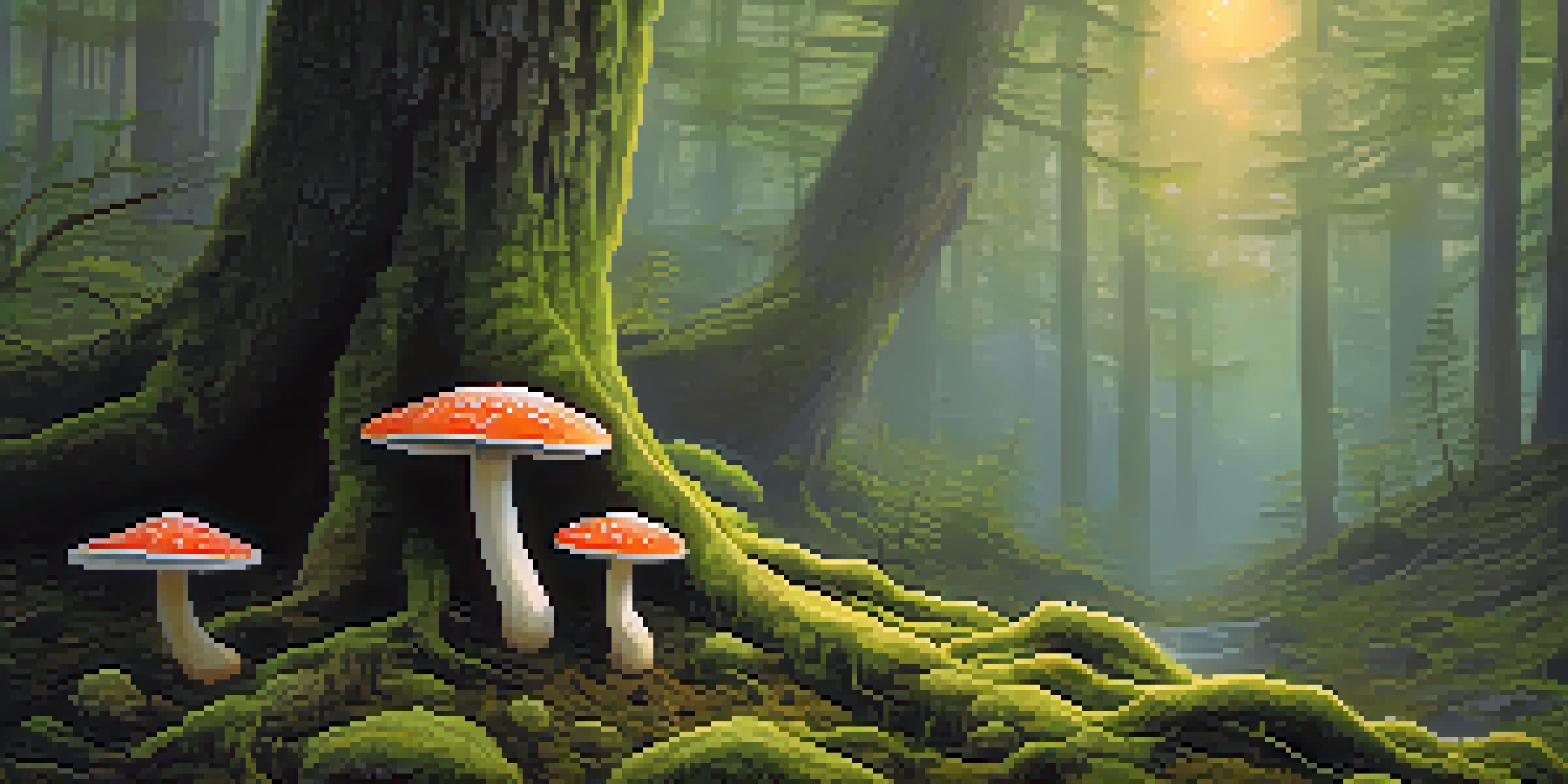 A peaceful forest at dawn with sunlight filtering through trees, showing vibrant green moss and psilocybin mushrooms growing at the base of a tree.