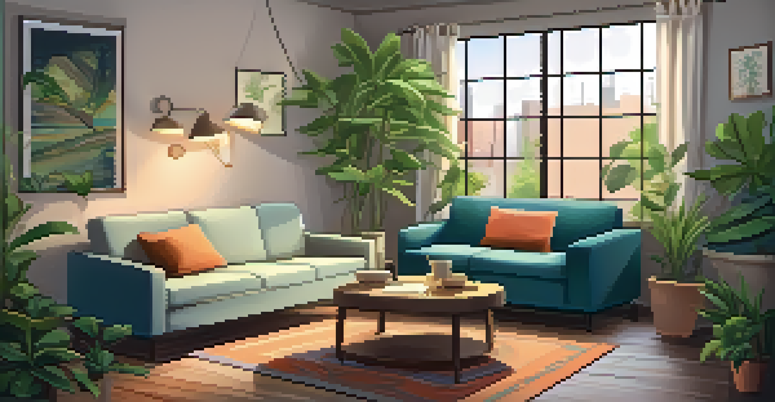 A cozy therapy room with a couch, calming artwork, and a table with herbal tea and a journal.