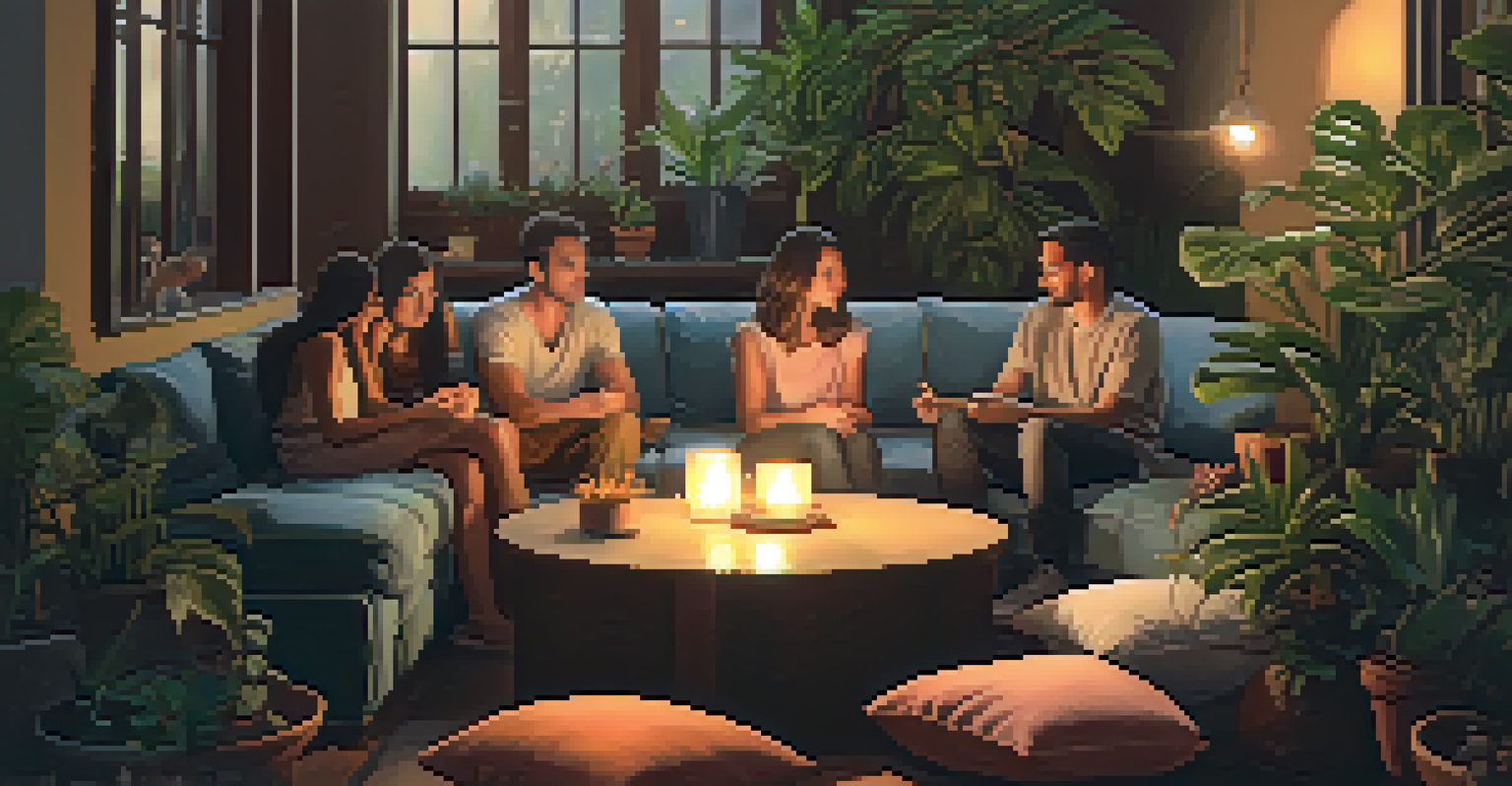A group of friends in a cozy room, illuminated by candlelight, sharing stories and connecting with each other.