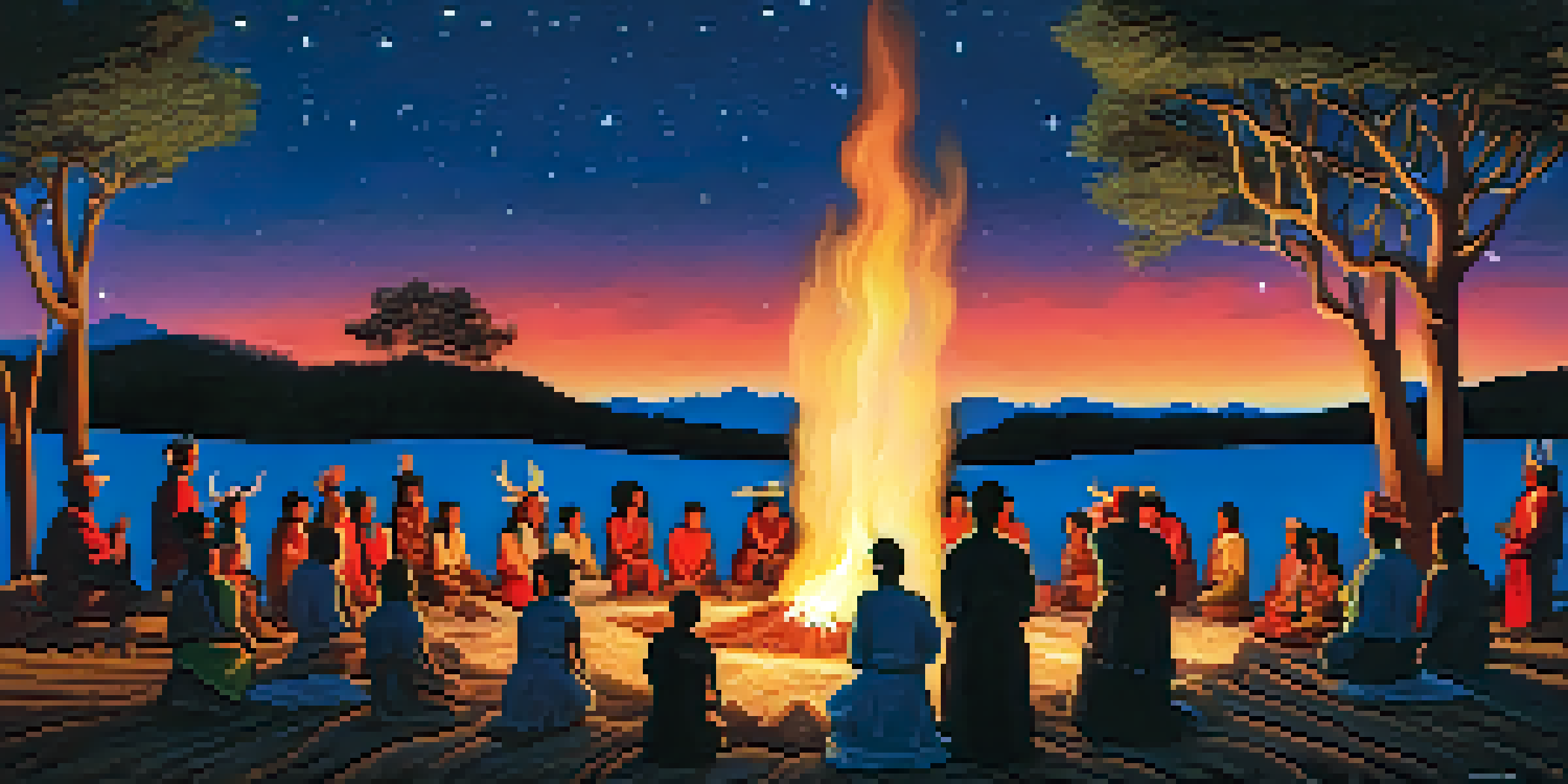 A peaceful Indigenous ceremonial gathering at night, with people in traditional clothing around a fire, under a starry sky.