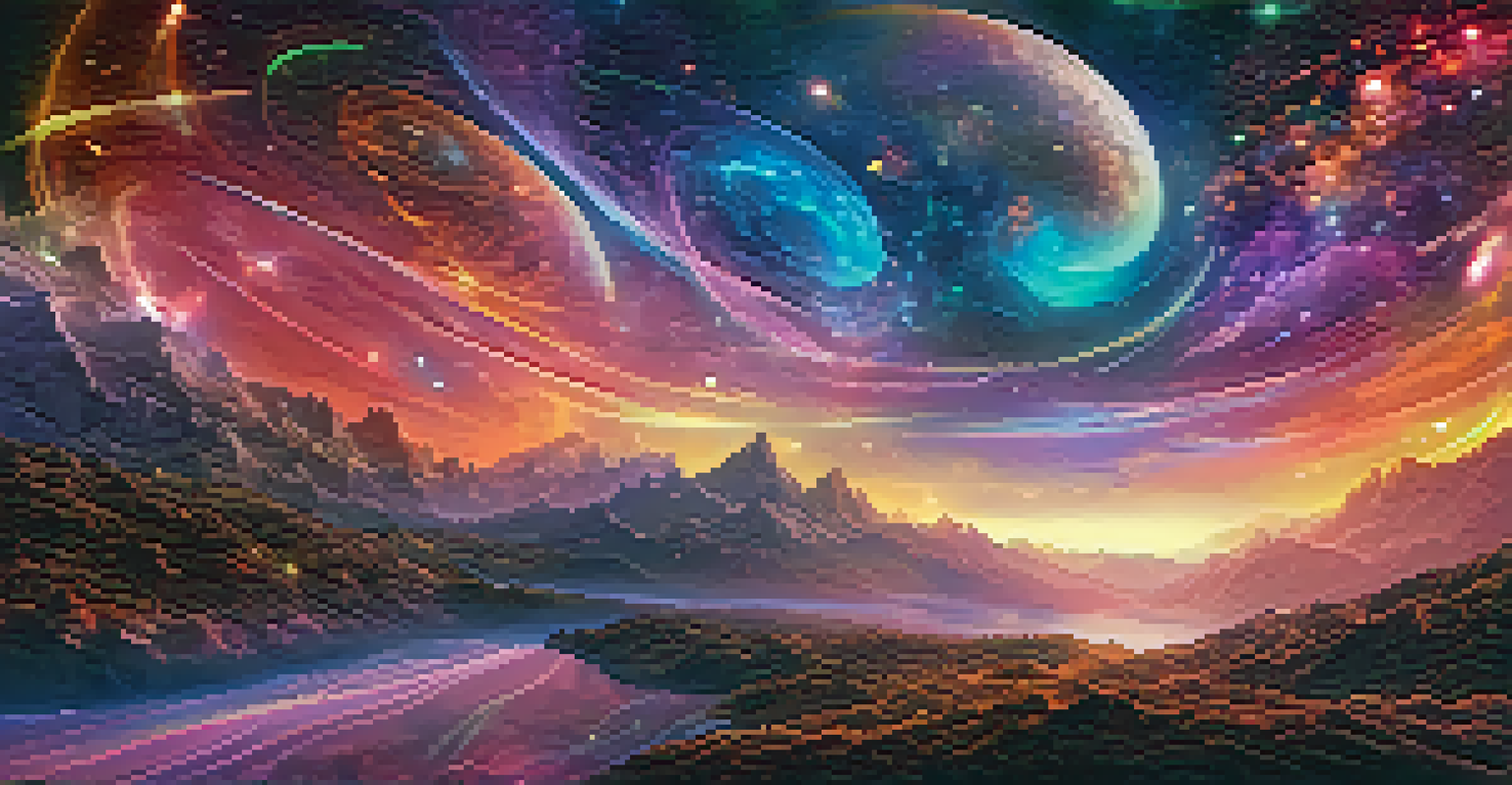 A user interacts with glowing geometric shapes in a vibrant cosmic landscape filled with galaxies and nebulae.