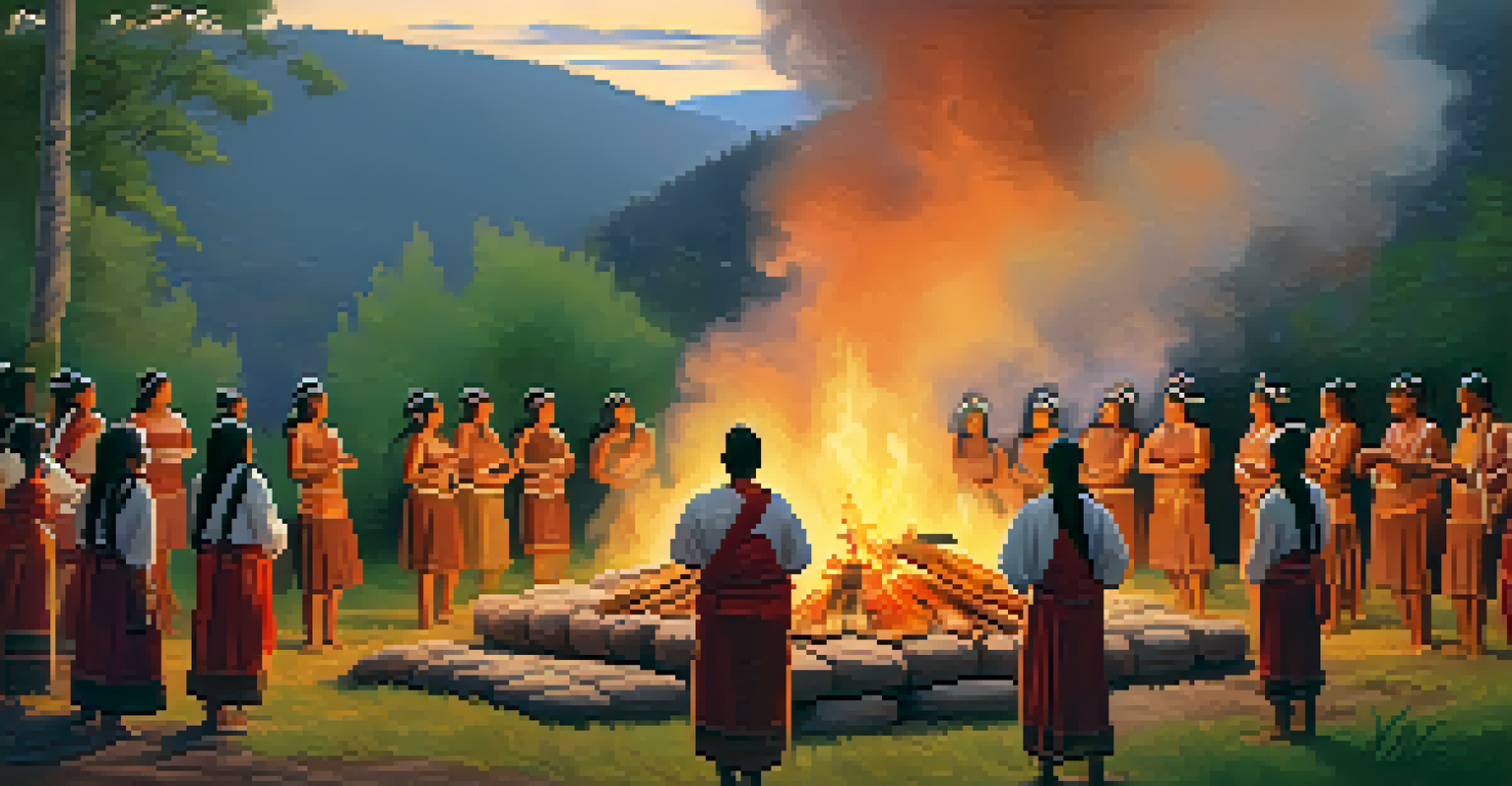An indigenous ceremony setting with participants in traditional attire dancing around a central fire, surrounded by lush greenery and an evening sky.