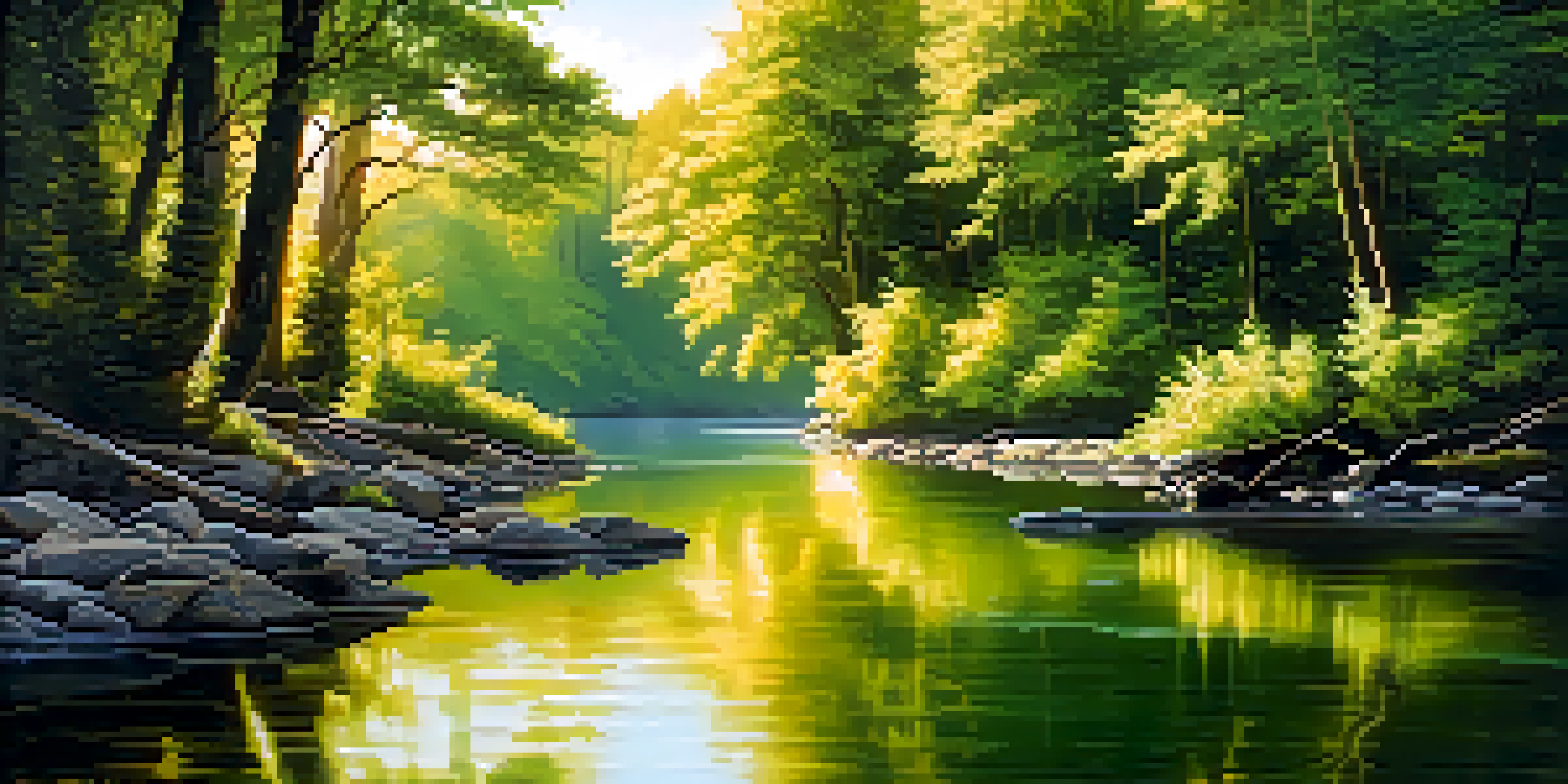 A peaceful river surrounded by a lush forest, with sunlight filtering through the trees and reflecting off the water.