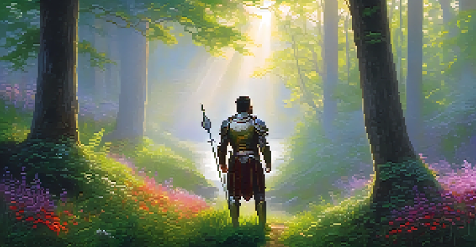 A mythical hero in armor stands at the edge of a vibrant forest, surrounded by colorful wildflowers and mist, under soft sunlight.