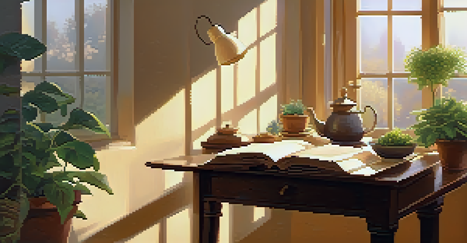 A cozy room with a desk, a cup of tea, an open book, and a view of a sunny garden through the window.