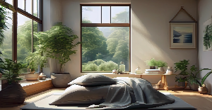 A peaceful therapy room with soft lighting, cushions, plants, and a view of a tranquil forest outside the window.