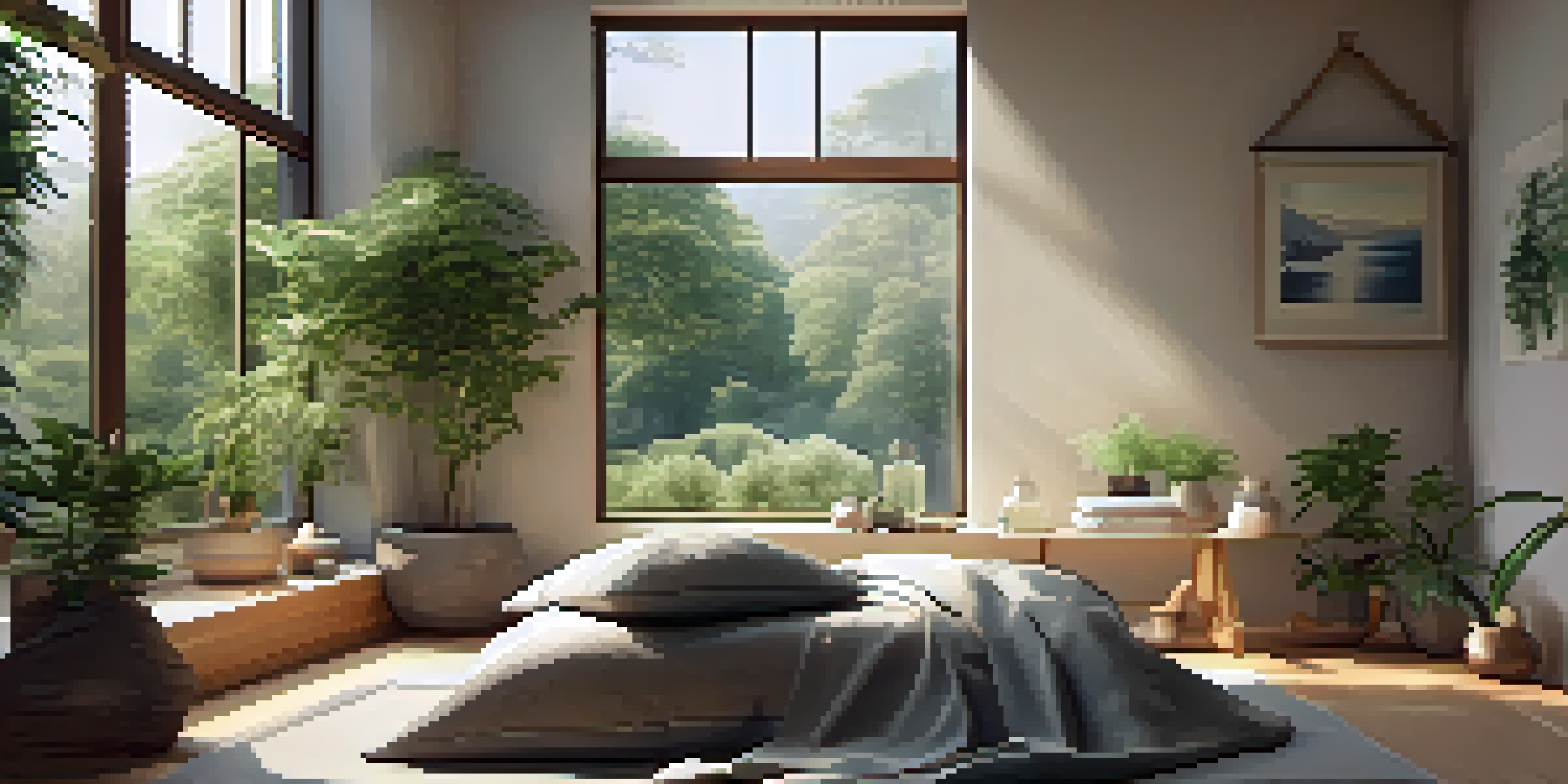 A peaceful therapy room with soft lighting, cushions, plants, and a view of a tranquil forest outside the window.