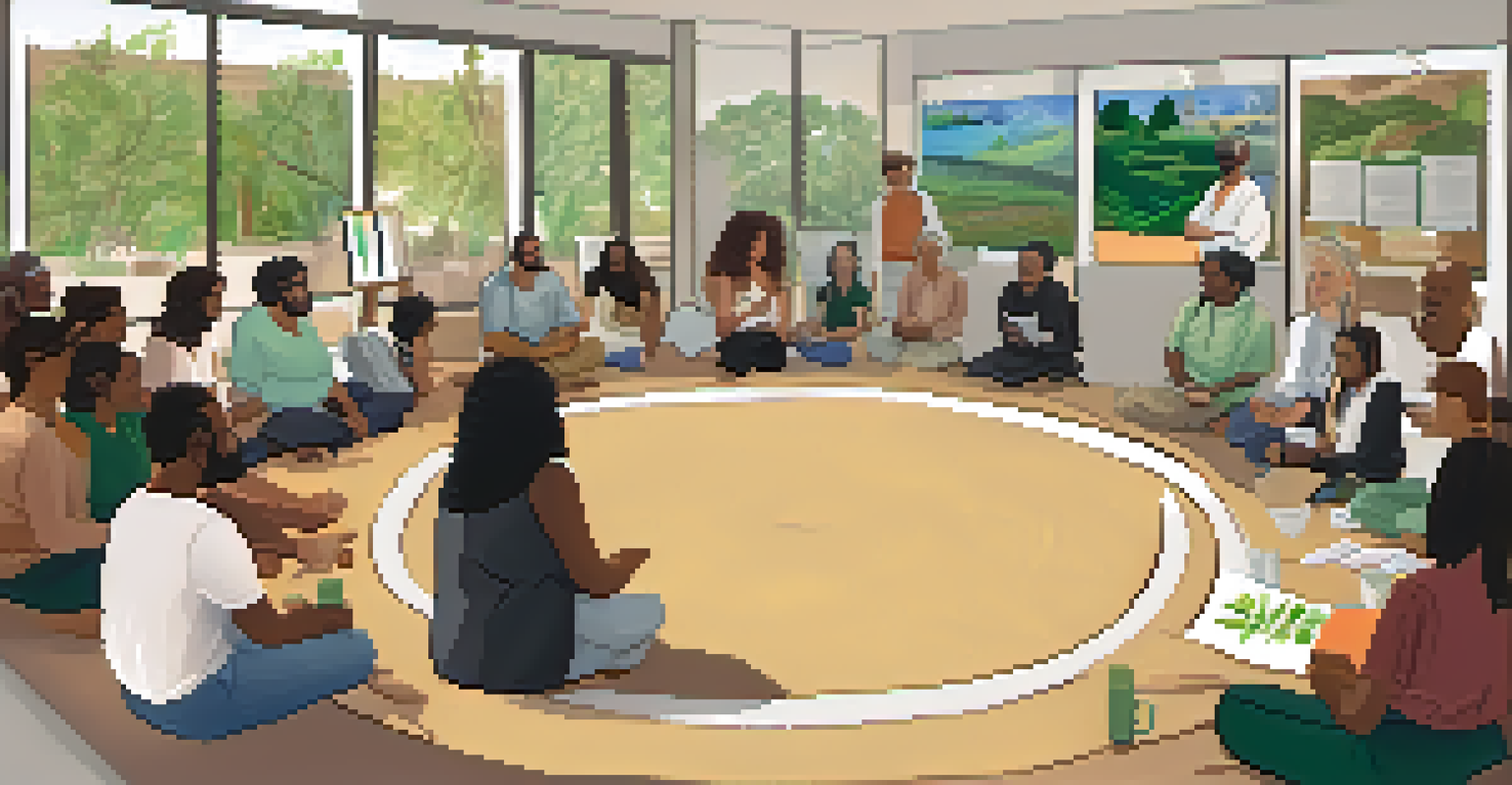 A diverse group of people in a workshop discussing sustainable practices in entheogen cultivation, with a whiteboard in a warm, inviting setting.