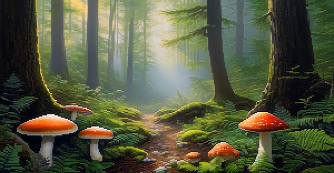 A peaceful forest with colorful mushrooms and tall trees, surrounded by mist and soft light.
