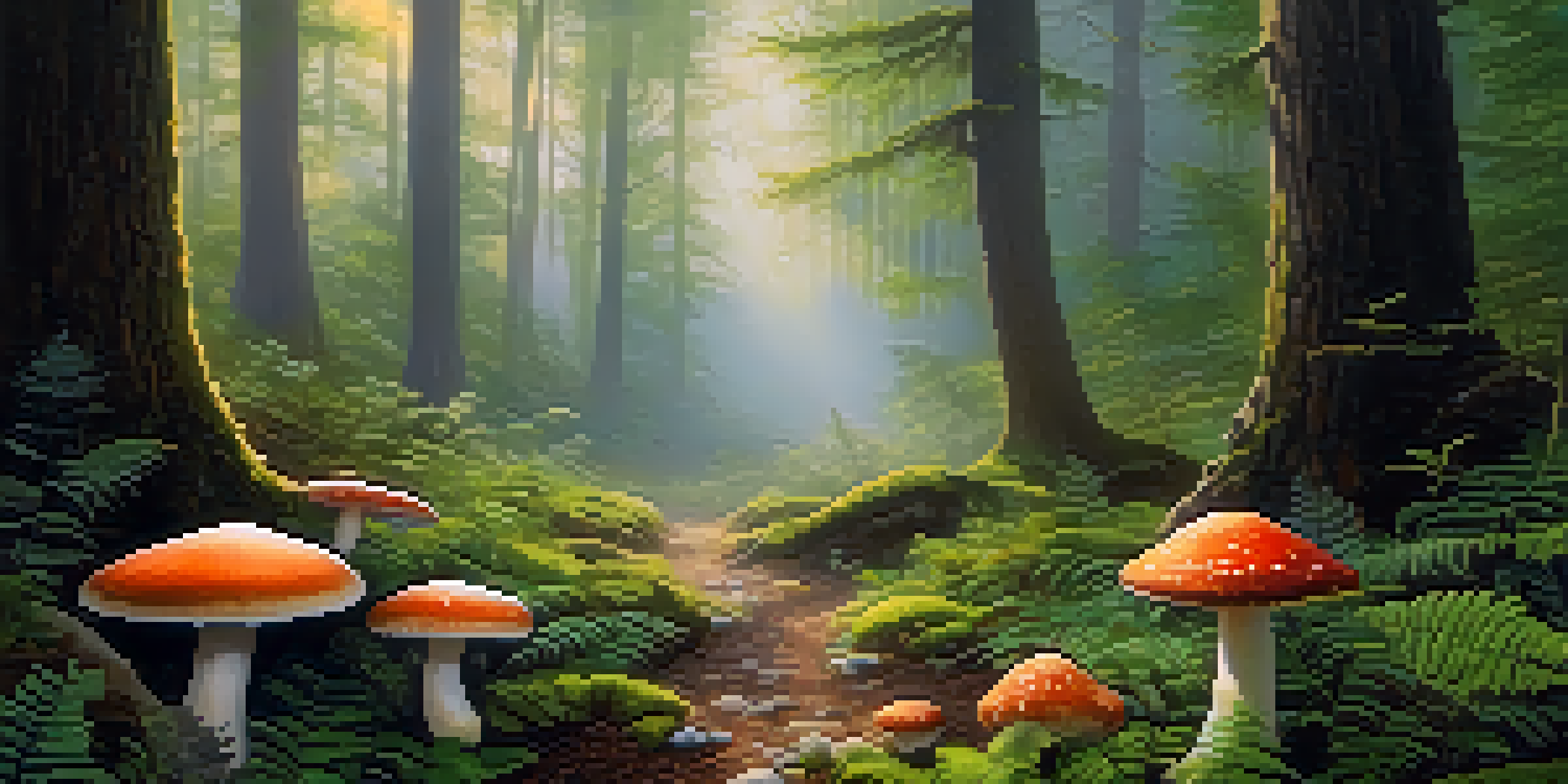A peaceful forest with colorful mushrooms and tall trees, surrounded by mist and soft light.