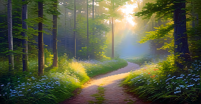 A peaceful forest path at dawn with golden light filtering through the trees and vibrant wildflowers along the sides.