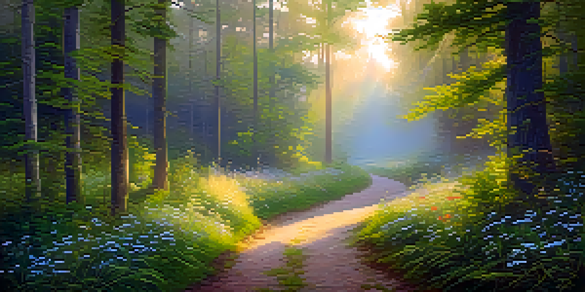 A peaceful forest path at dawn with golden light filtering through the trees and vibrant wildflowers along the sides.
