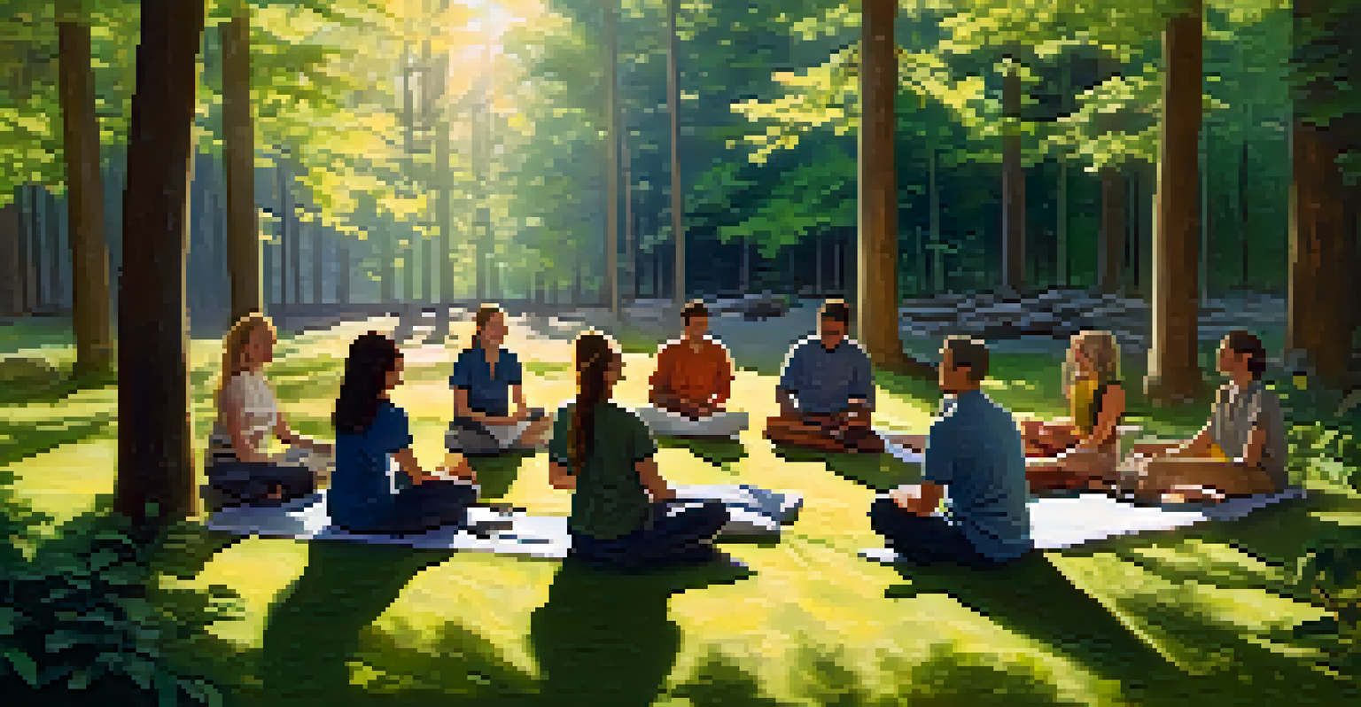 Employees participating in a workshop in a forest, sitting on blankets with sunlight filtering through trees.