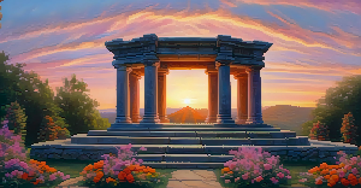 A mystical stone altar with flowers and spiritual light figures, against a sunset sky.