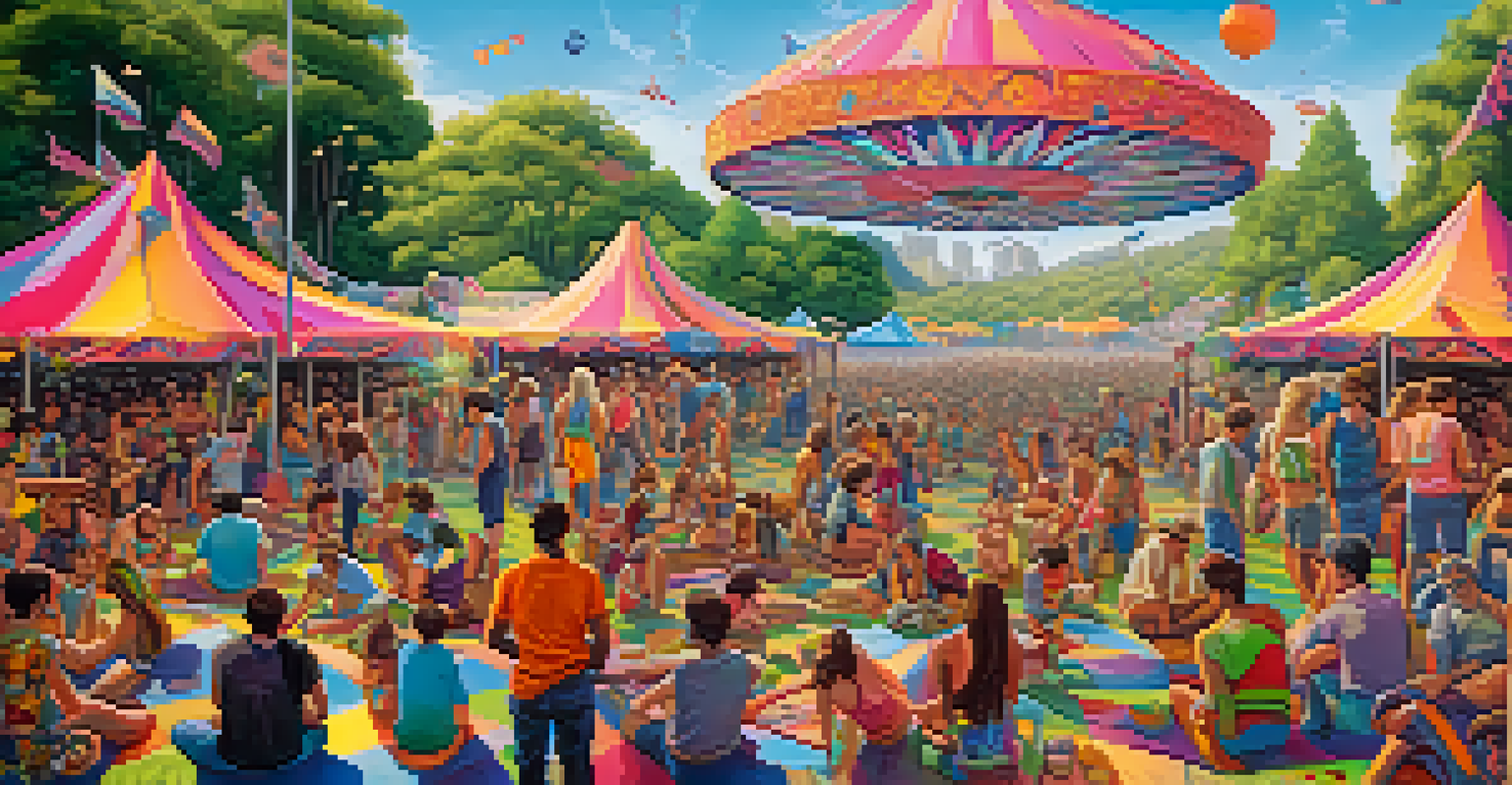 An outdoor festival with artists working together on a large, colorful psychedelic mural surrounded by an engaged audience.