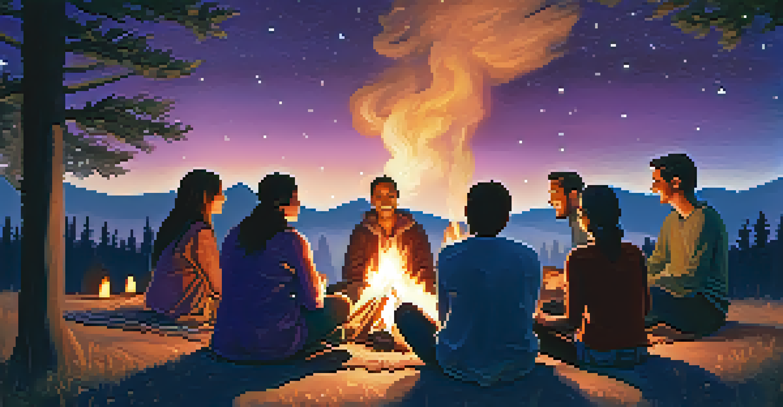 A group of friends gathered around a campfire at dusk, sharing stories, with a starry sky and illuminated faces.