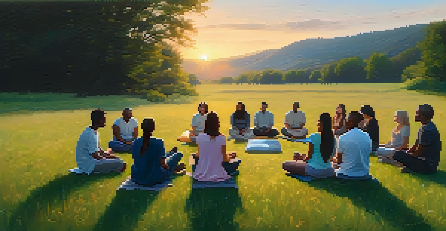 A diverse group of people meditating in a circle on a grassy meadow during sunset.